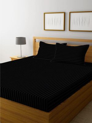 WUSA 210 TC Satin Double Striped Fitted (Elastic) Bedsheet(Pack of 1, Black)
