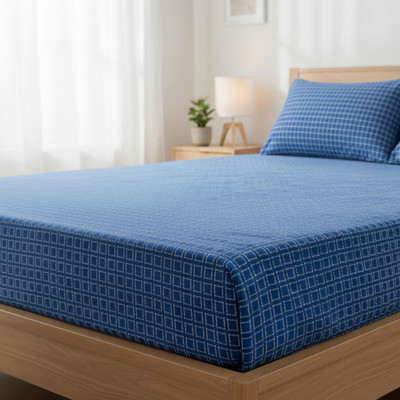 rajnihandlooms Cotton Double Flat 210 TC Checkered Bedsheet(Pack of 1, Blue)