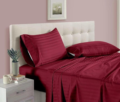 ikaan décor Cotton Double Flat 250 TC Striped Bedsheet(Pack of 1, Maroon)