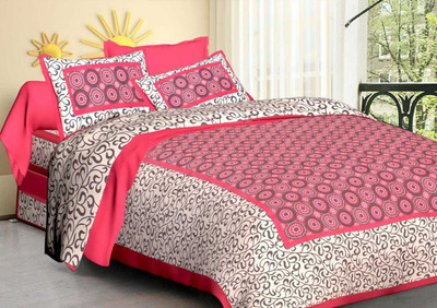 dharmi industries 235 TC Cotton, Cotton Queen Jaipuri Prints Fitted (Elastic) Bedsheet(Pack of 1, Pink, Blue)