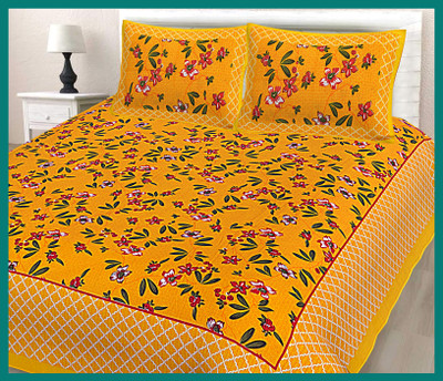BedZone Cotton Double Flat 240 TC Jaipuri Prints Bedsheet(Pack of 1, Yellow)