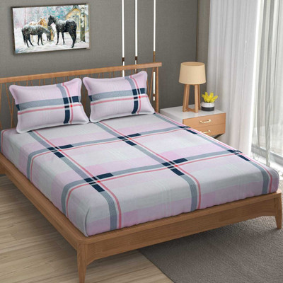 TURIYA Microfiber Double Fitted (Elastic) 180 TC Checkered Bedsheet(Pack of 1, Pink)