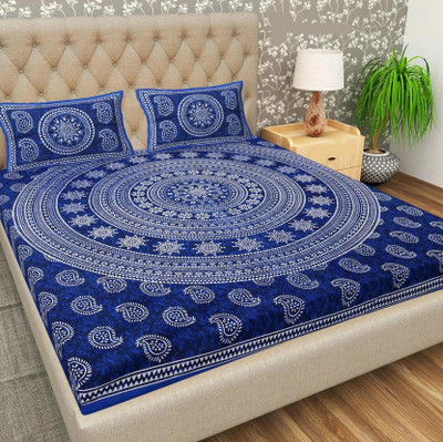 BharatLinen Cotton King Flat 144 TC Jaipuri Prints Bedsheet(Pack of 1, Blue)