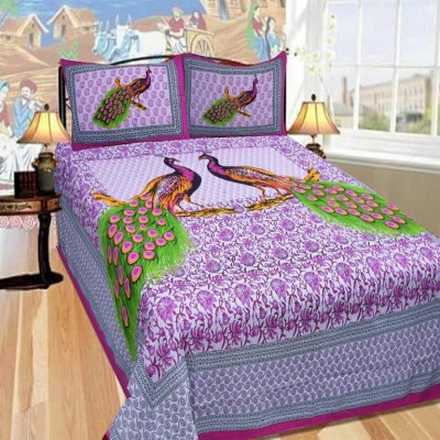 E ELMA 250 TC Cotton Double Jaipuri Prints Flat Bedsheet(Pack of 1, Pink)