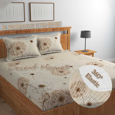 Decent Home Cotton Double Fitted (Elastic) 240 TC Floral Bedsheet(Pack of 1, Beige Glace cotton)