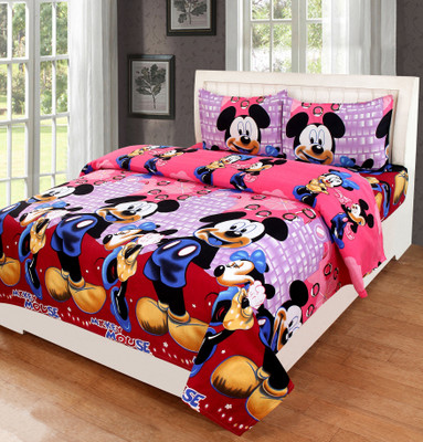 Home Pictures Microfiber Double Flat 120 TC Cartoon Bedsheet(Pack of 1, Pink)