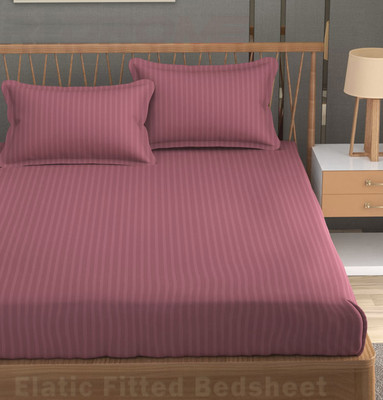 REDROME Cotton Double Fitted (Elastic) 300 TC Striped Bedsheet(Pack of 1, Onion Pink)