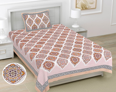 R Print 144 TC Cotton Single Jaipuri Prints Flat Bedsheet(Pack of 1, Pink)