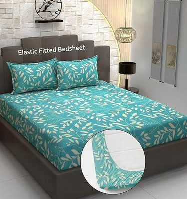 Mega Cart Home 200 TC Polycotton King Solid Fitted (Elastic) Bedsheet(Pack of 1, Aqua&Leaf)