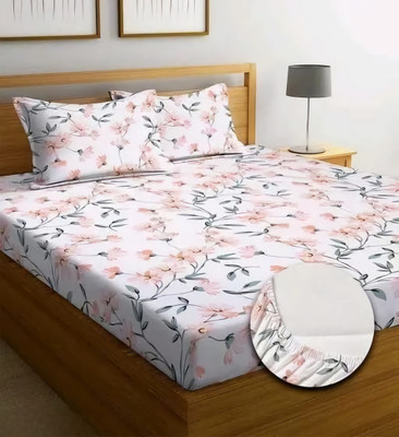 Pinaka 250 TC Microfiber Double 3D Printed Fitted (Elastic) Bedsheet(Pack of 1, White)