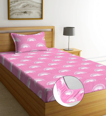 Moonroof 244 TC Cotton Single Printed Fitted (Elastic) Bedsheet(Pack of 1, Pink, White_Sunflower)