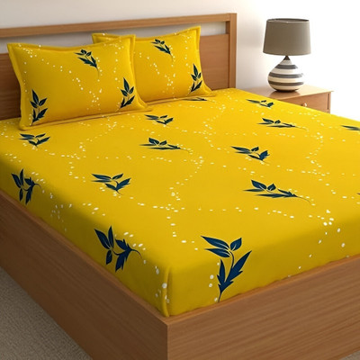Vrapt Microfiber Double Fitted (Elastic) 310 TC Floral Bedsheet(Pack of 1, Yellow Green Flower)