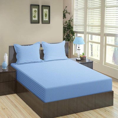BEVI 300 TC Microfiber Single Striped Fitted (Elastic) Bedsheet(Pack of 1, Light Blue)