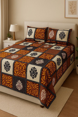 parth Cotton Double Fitted (Elastic) 300 TC Motifs Bedsheet(Pack of 1, Brown, Black, Yellow, Beige)
