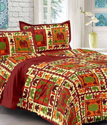 E ELMA 250 TC Cotton Double Jaipuri Prints Flat Bedsheet(Pack of 1, Red)