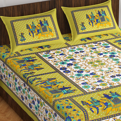 Jeevat Cotton Double Jaipuri Prints Bedsheet(Pack of 1, Mehandi)