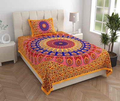 KOUNDAL Cotton Single Flat 144 TC Jaipuri Prints Bedsheet(Pack of 1, Yellow)