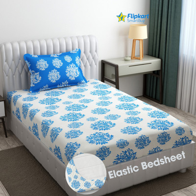 Flipkart SmartBuy 280 TC Microfiber Single Polka Fitted (Elastic) Bedsheet(Pack of 1, White & Blue)