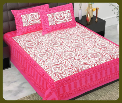 BedZone Cotton Double Flat 240 TC Jaipuri Prints Bedsheet(Pack of 1, Pink)