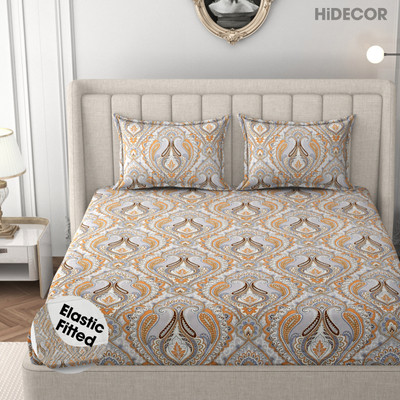 HIDECOR 280 TC Microfiber King Printed Fitted (Elastic) Bedsheet(Pack of 1, Cream)
