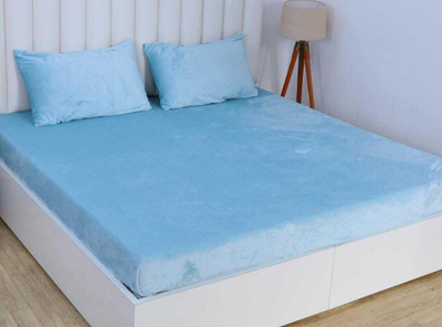 Skytex 200 TC Woolen King Solid Fitted (Elastic) Bedsheet(Pack of 1, Light Blue)