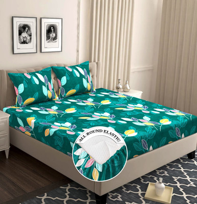 VAS COLLECTIONS 160 TC Cotton Double Floral Fitted (Elastic) Bedsheet(Pack of 1, Green)