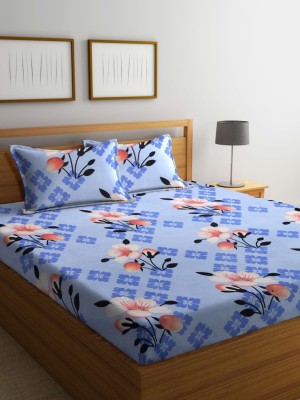 VORDVIGO 220 TC Cotton Queen Floral Fitted (Elastic) Bedsheet(Pack of 1, Blue)