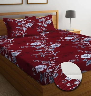 Shady Cotton Double Fitted (Elastic) 144 TC Floral Bedsheet(Pack of 1, Pink grey)