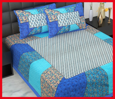 BedZone Cotton Double Flat 210 TC Jaipuri Prints Bedsheet(Pack of 1, Blue)