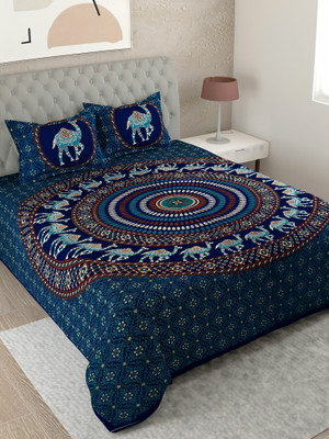 UNIQCHOICE 144 TC Cotton King Jaipuri Prints Flat Bedsheet(Pack of 1, Blue)