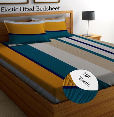 Amrange 210 TC Microfiber King Striped Fitted (Elastic) Bedsheet(Pack of 1, Yellow-Green)