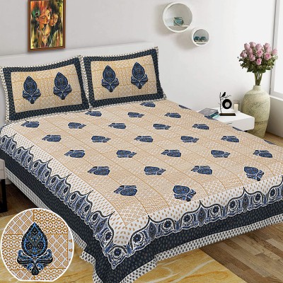 JaypurTextile 180 TC Cotton King Jaipuri Prints Flat Bedsheet(Pack of 1, Blue)