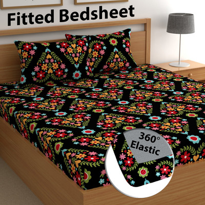 CG Homes 200 TC Cotton Double Printed Fitted (Elastic) Bedsheet(Pack of 1, Black & Multicolor)