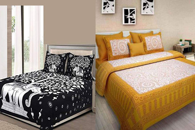 KANDY SHOP Cotton Double Flat 250 TC Jaipuri Prints Bedsheet(Pack of 1, Black, Yellow)