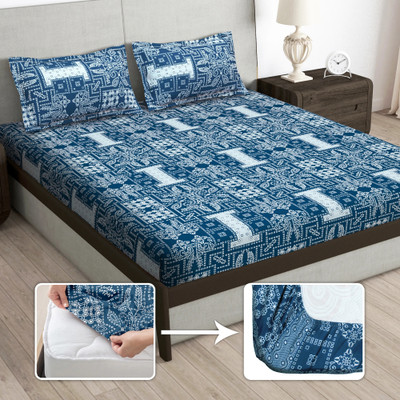 Story@home 180 TC Microfiber Queen Printed Fitted (Elastic) Bedsheet(Pack of 1, Navy Blue)
