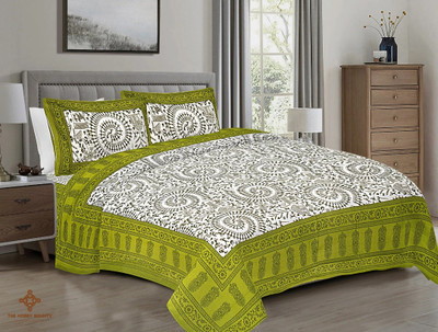 The Hobby Bounty Cotton King Flat 110 TC Printed Bedsheet(Pack of 1, Green, White)