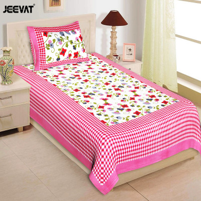 Jeevat Cotton Single Flat 144 TC Printed Bedsheet(Pack of 1, Pink)