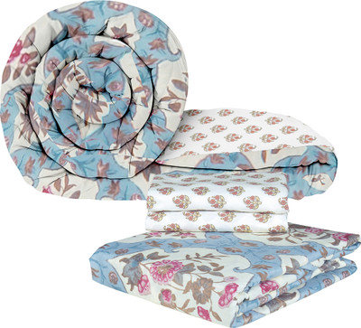 Story@home 180 TC Polyester Double Printed Flat Bedsheet(Pack of 1, Cream, Blue)