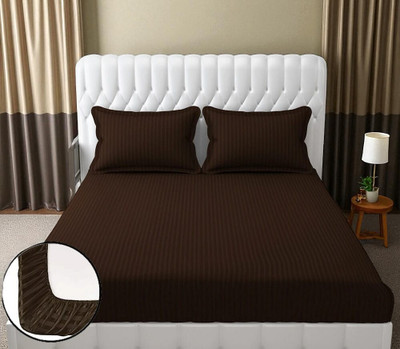RADRUGS 175 TC Cotton Double Striped Fitted (Elastic) Bedsheet(Pack of 1, Brown)