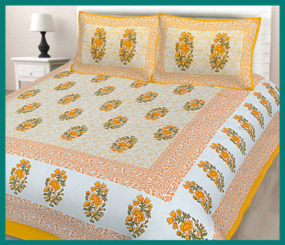 BedZone Cotton Double Flat 240 TC Jaipuri Prints Bedsheet(Pack of 1, Yellow)