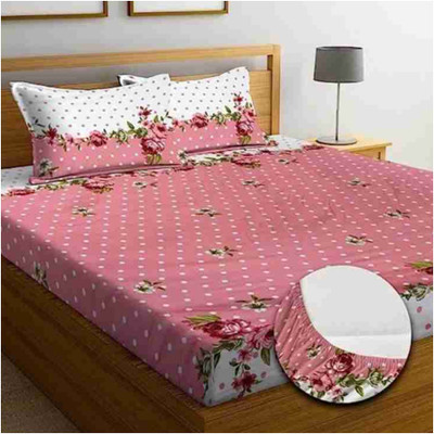 Vishal international Cotton Double Fitted (Elastic) 220 TC Floral Bedsheet(Pack of 1, Pink Doot Safari, C6)