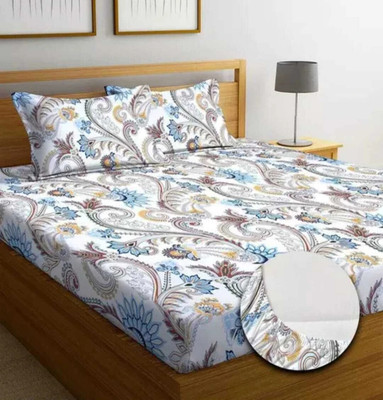 LA MANTTA Cotton King Fitted (Elastic) 250 TC Floral Bedsheet(Pack of 1, Multicolor)