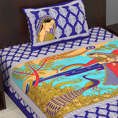 Home@shop Cotton Single Flat 250 TC Jaipuri Prints Bedsheet(Pack of 1, Blue)