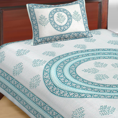 E ELMA 250 TC Cotton Single Jaipuri Prints Flat Bedsheet(Pack of 1, Blue)