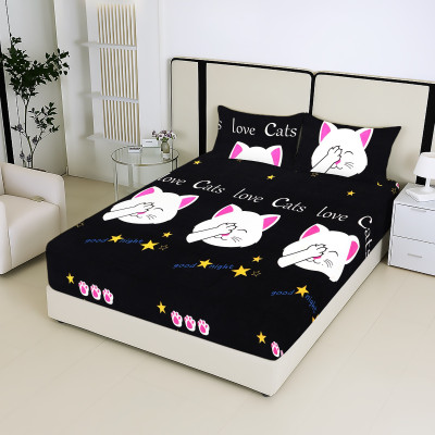 Tarrain Cotton King Fitted (Elastic) 180 TC Cartoon Bedsheet(Pack of 1, Black)