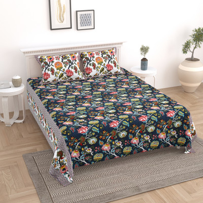 Cosito Cotton King Flat 144 TC Jaipuri Prints Bedsheet(Pack of 1, Dark Blue)