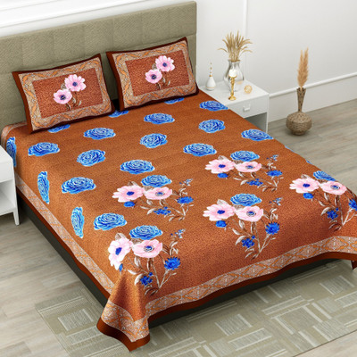 BharatLinen Cotton Super King Flat 300 TC Jaipuri Prints Bedsheet(Pack of 1, Brown)