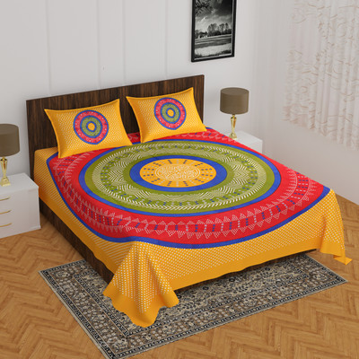 E ELMA 144 TC Cotton Double Printed Flat Bedsheet(Pack of 1, Yellow)