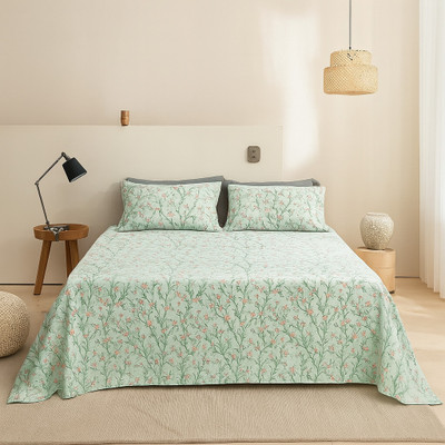 SANMARINO Cotton Super King Flat 220 TC Striped Bedsheet(Pack of 1, Mint Green, 9 X 9 Feet - with 2 Large Size Pillow Covers)