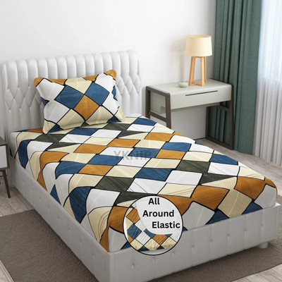 YKNIP 250 TC Cotton Single Geometric Fitted (Elastic) Bedsheet(Pack of 1, Cotton Single Fitted Bedsheet 72x36 In with 1 Pillow Cover 18x28 In Multi 51)
